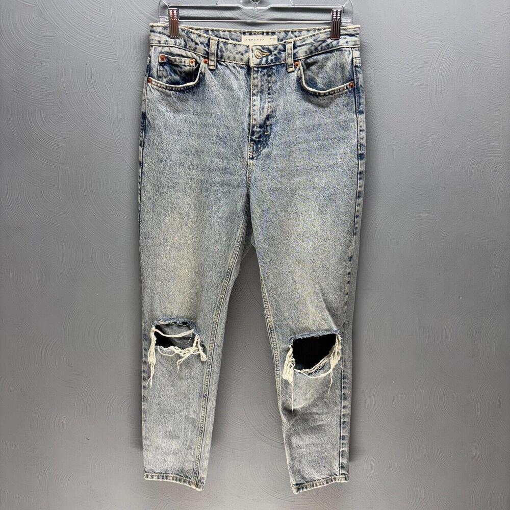 Top Shop Distressed Denim Light Wash Mom Jeans 30x30 Size 7 High Rise Tapered